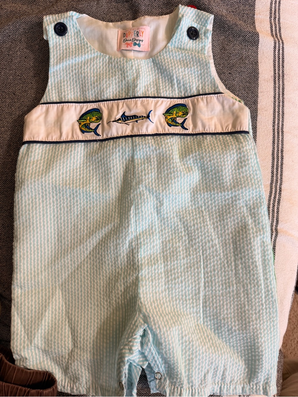 Darling Blue Seersucker Fish Embroidered Kids One-Piece Romper